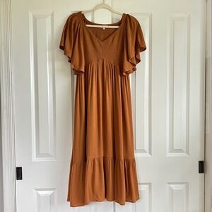 In Loom Terracotta Smocked Flutter Sleeve Tiered Boho Prairie Midi Dress Size L